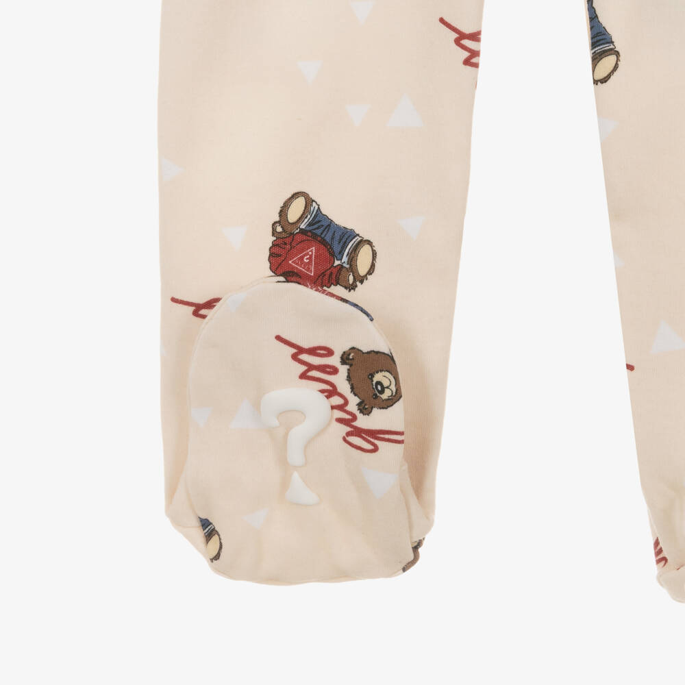 Guess-Beige Cotton Jersey Babygrow with Teddy Bear Pattern | Childrensalon