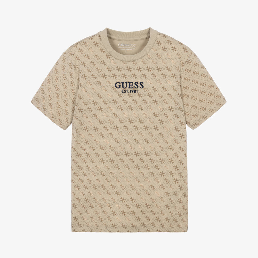 Guess-Beige Cotton T-Shirt with 4g Logo Print | Childrensalon