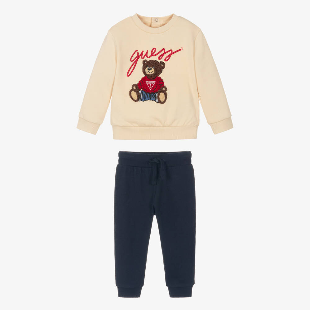 Guess-Beige & Navy Blue Cotton Teddy Bear Baby Tracksuit | Childrensalon