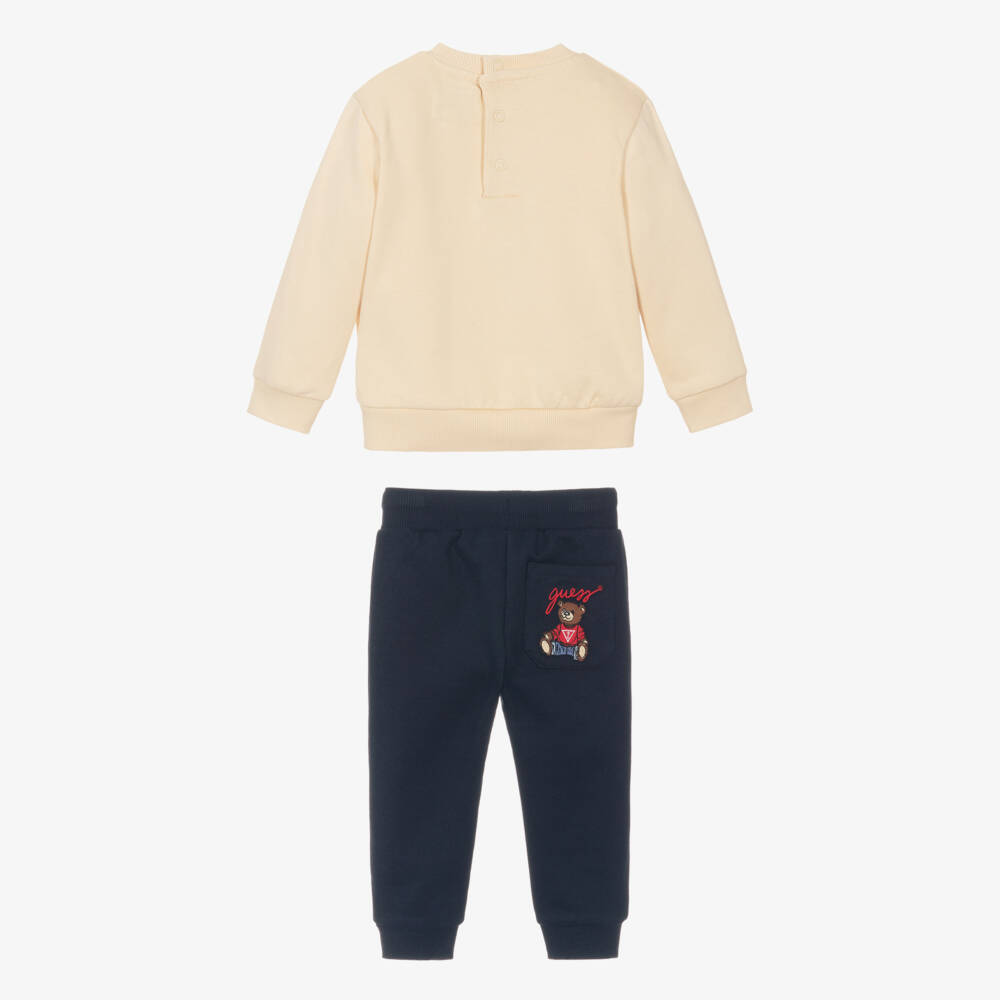 Guess-Beige & Navy Blue Cotton Teddy Bear Baby Tracksuit | Childrensalon