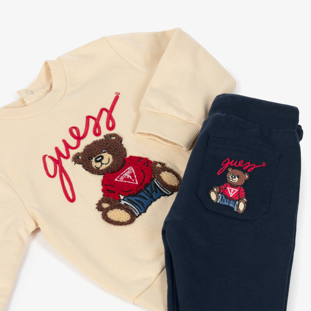 Guess-Beige & Navy Blue Cotton Teddy Bear Baby Tracksuit | Childrensalon
