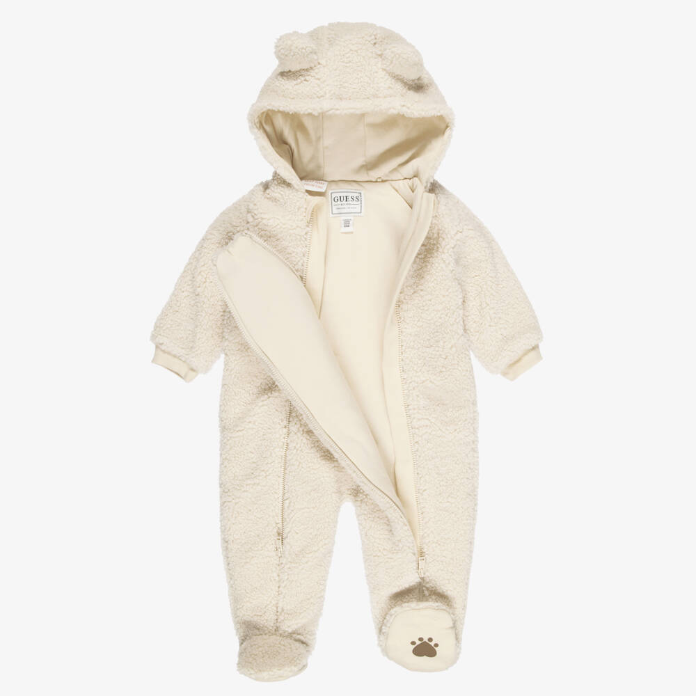 Guess-Beige Sherpa Fleece Teddy Pramsuit | Childrensalon