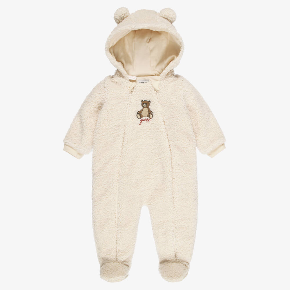 Guess-Beige Sherpa Fleece Teddy Pramsuit | Childrensalon