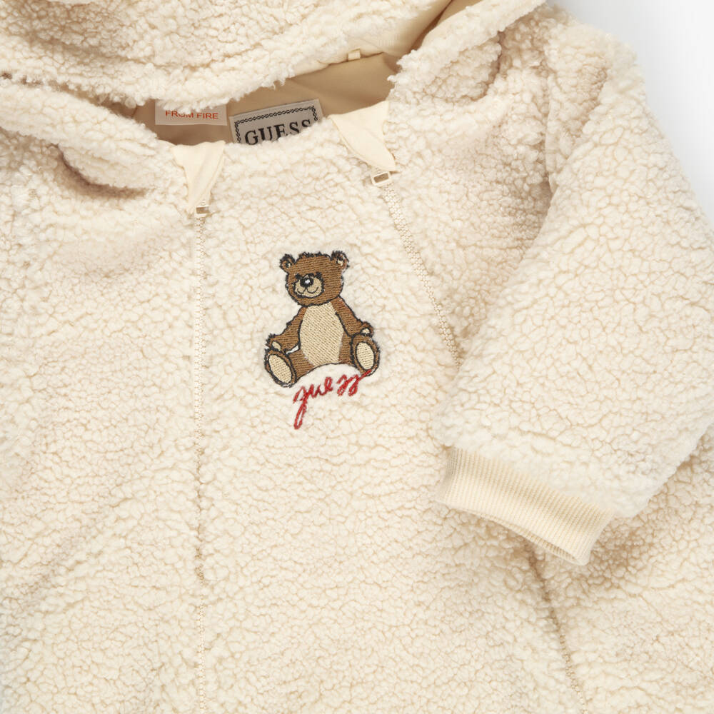 Guess-Beige Sherpa Fleece Teddy Pramsuit | Childrensalon