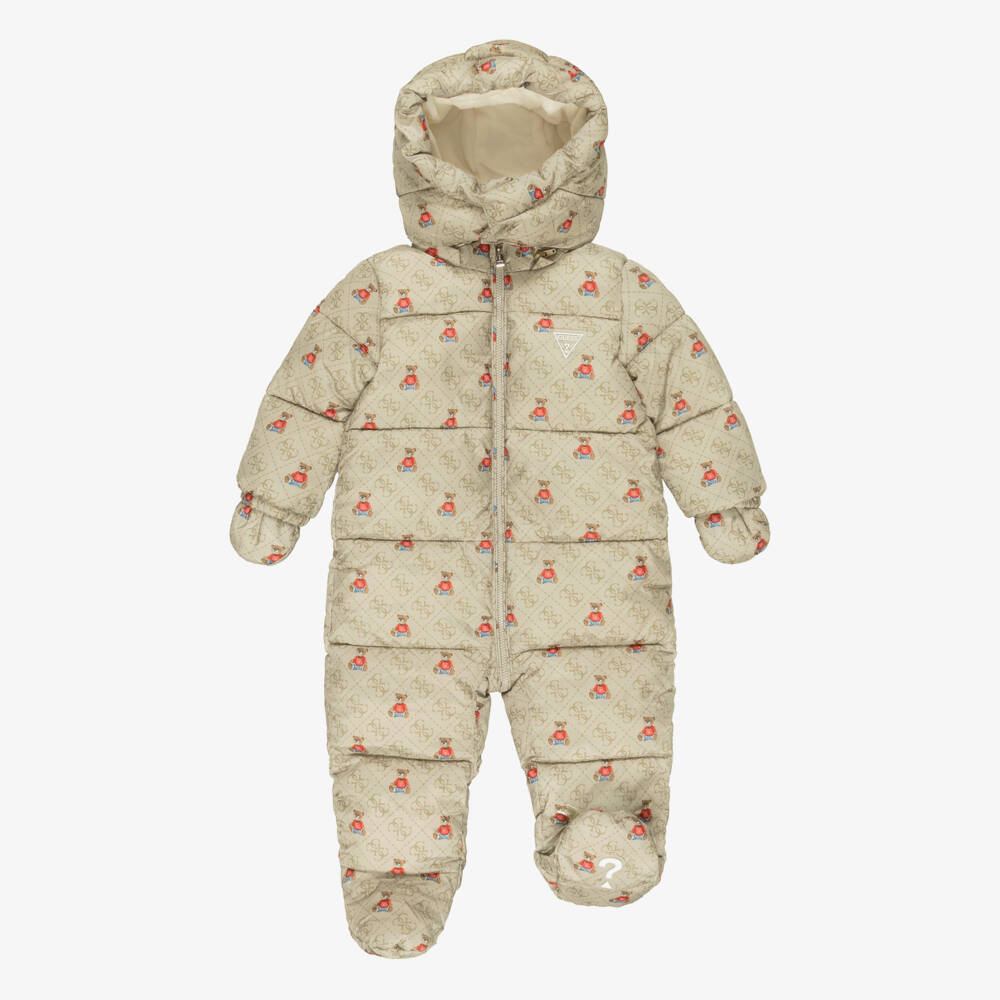 Guess-Beige Teddy & 4G Logo Baby Snowsuit | Childrensalon