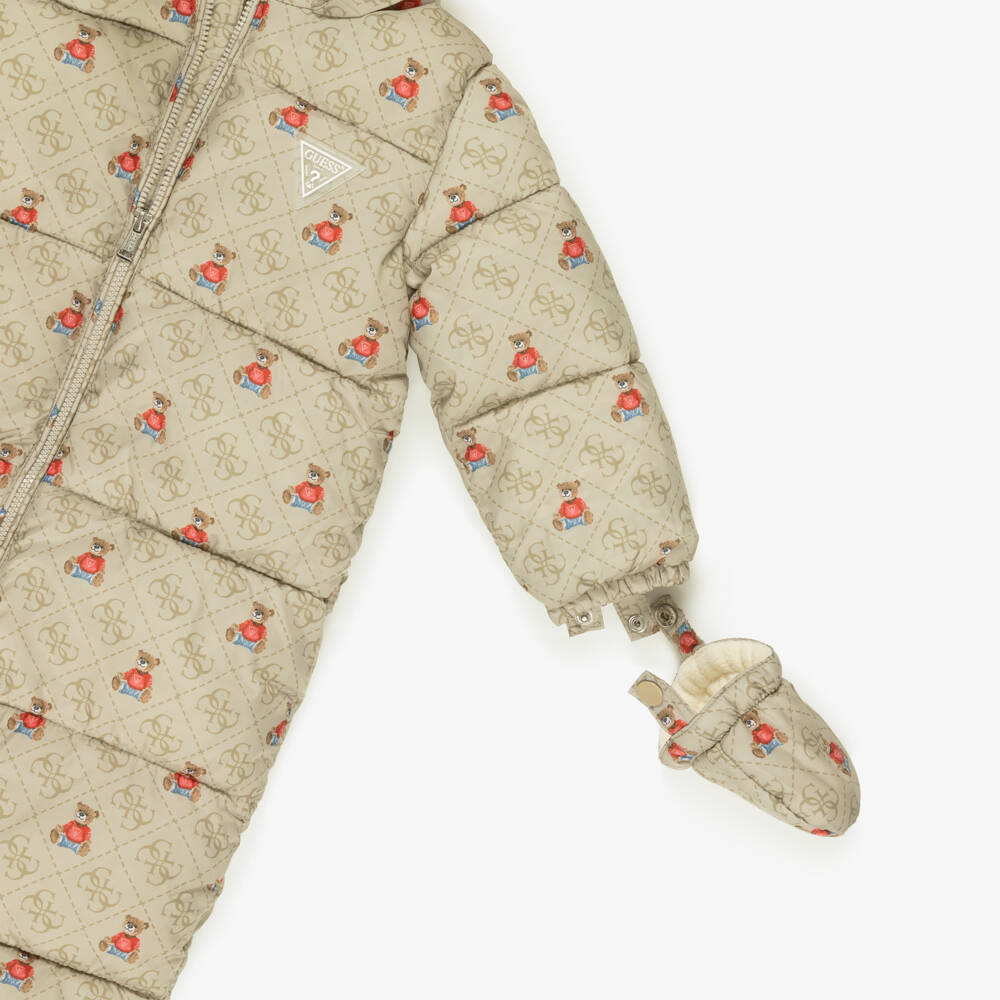 Guess-Beige Teddy & 4G Logo Baby Snowsuit | Childrensalon