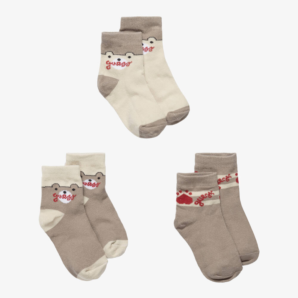 Guess-Beige Teddy Bear Baby Socks (3 Pack) | Childrensalon