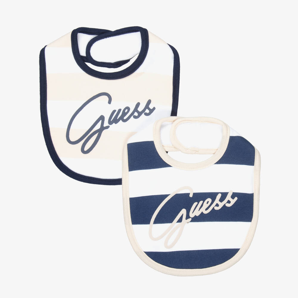 Guess-Blue & Beige Striped Cotton Jersey Bibs (2 Pack) | Childrensalon
