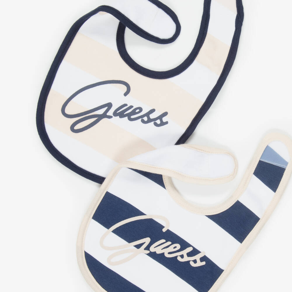 Guess-Blue & Beige Striped Cotton Jersey Bibs (2 Pack) | Childrensalon