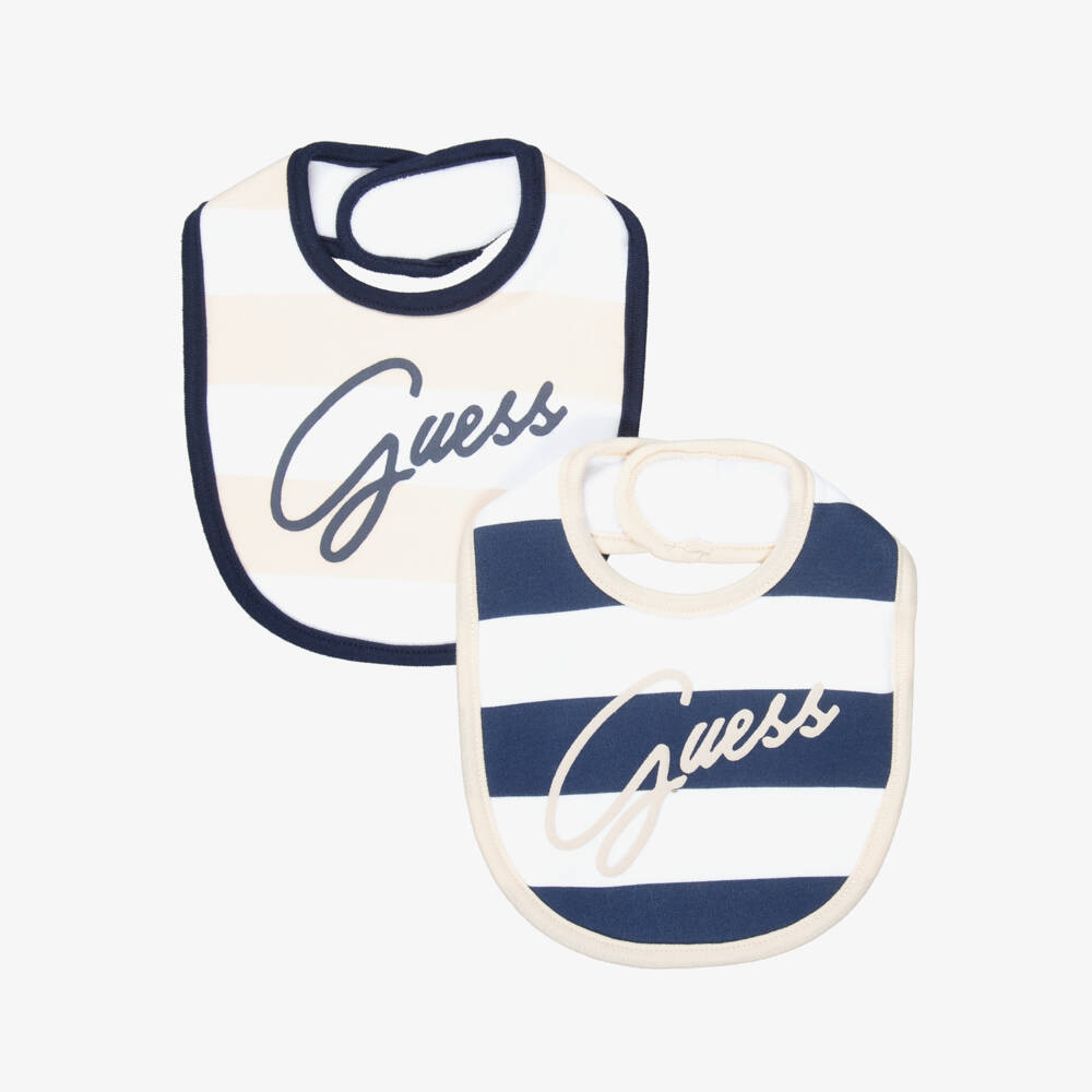 Guess-Blue & Beige Striped Cotton Jersey Bibs (2 Pack) | Childrensalon