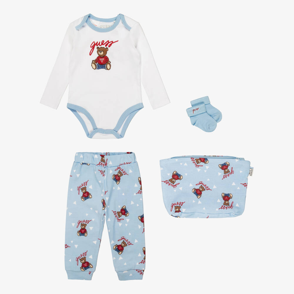 Guess-Blue Cotton Baby Trouser Set with Teddy Bear Pattern | Childrensalon