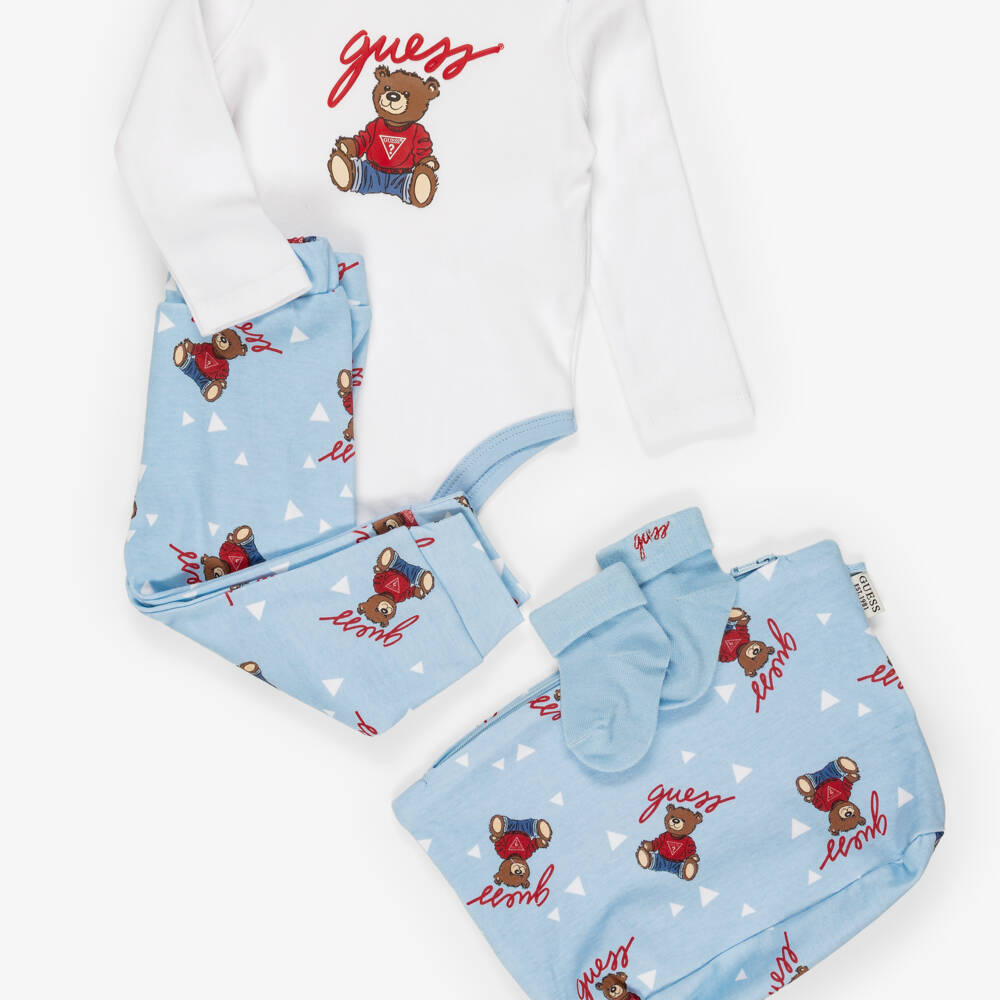 Guess-Blue Cotton Baby Trouser Set with Teddy Bear Pattern | Childrensalon