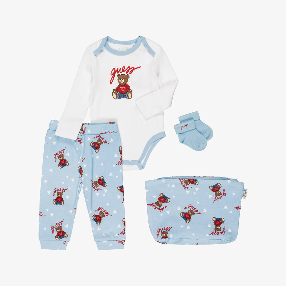 Guess-Blue Cotton Baby Trouser Set with Teddy Bear Pattern | Childrensalon