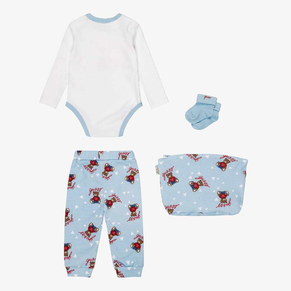 Guess-Blue Cotton Baby Trouser Set with Teddy Bear Pattern | Childrensalon