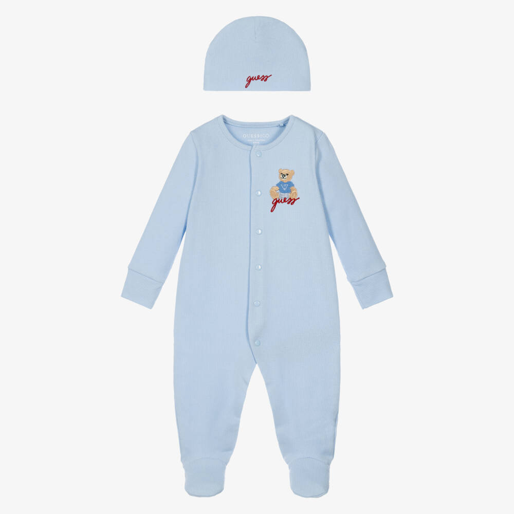 Guess-Blue Ribbed Cotton Jersey Babysuit Set | Childrensalon