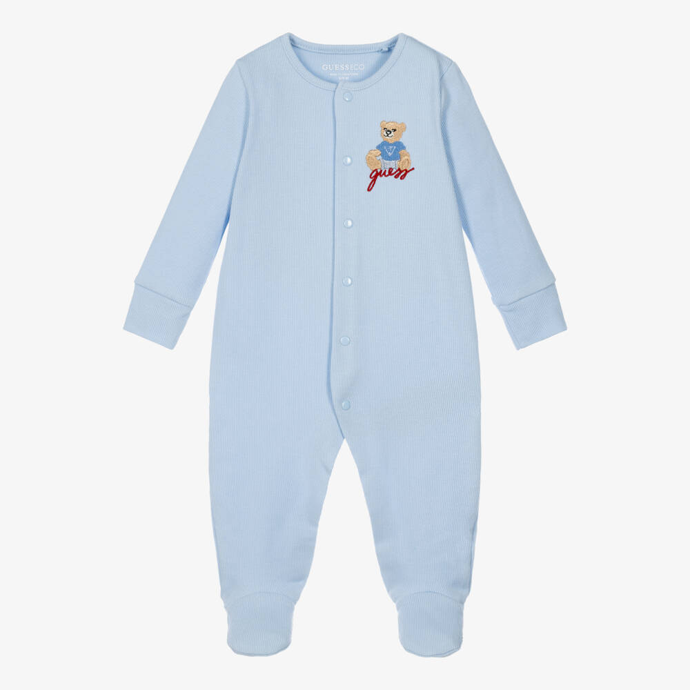 Guess-Blue Ribbed Cotton Jersey Babysuit Set | Childrensalon