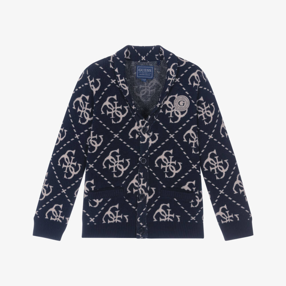 Guess-Boy Navy Blue 4G Logo Intarsia Cardigan | Childrensalon