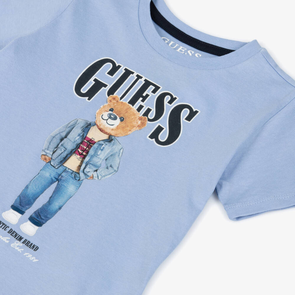 Guess-Boys Bear & Logo Print Blue Cotton T-Shirt | Childrensalon