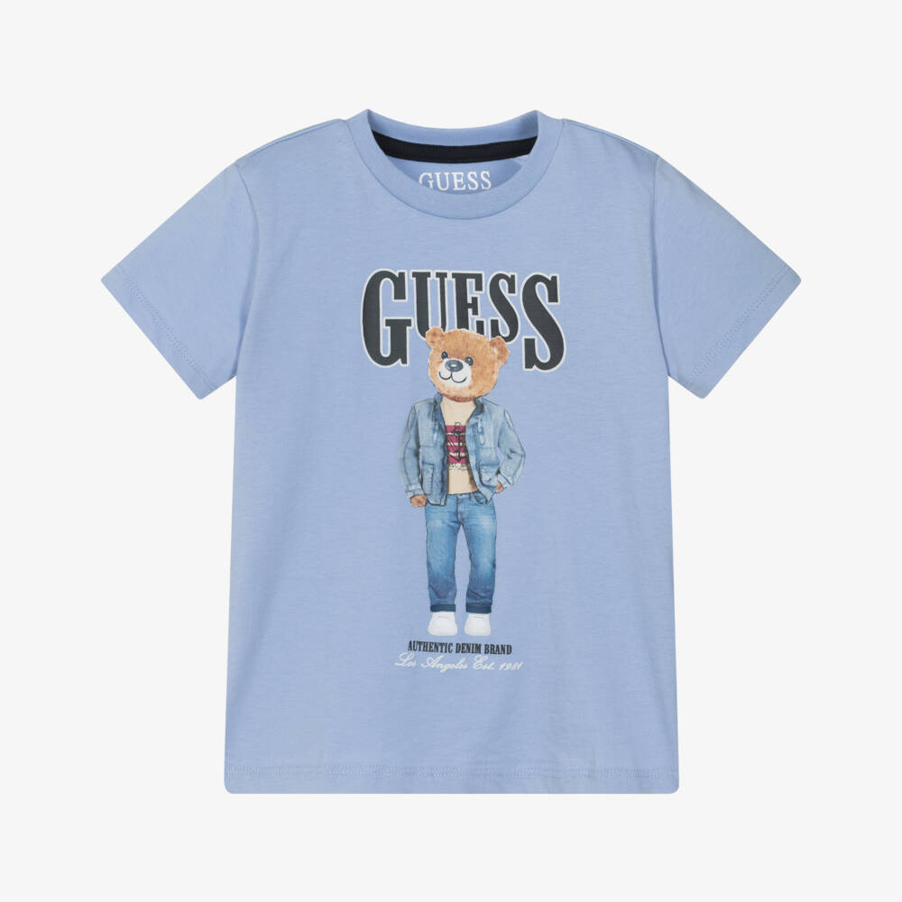 Guess-Boys Bear & Logo Print Blue Cotton T-Shirt | Childrensalon