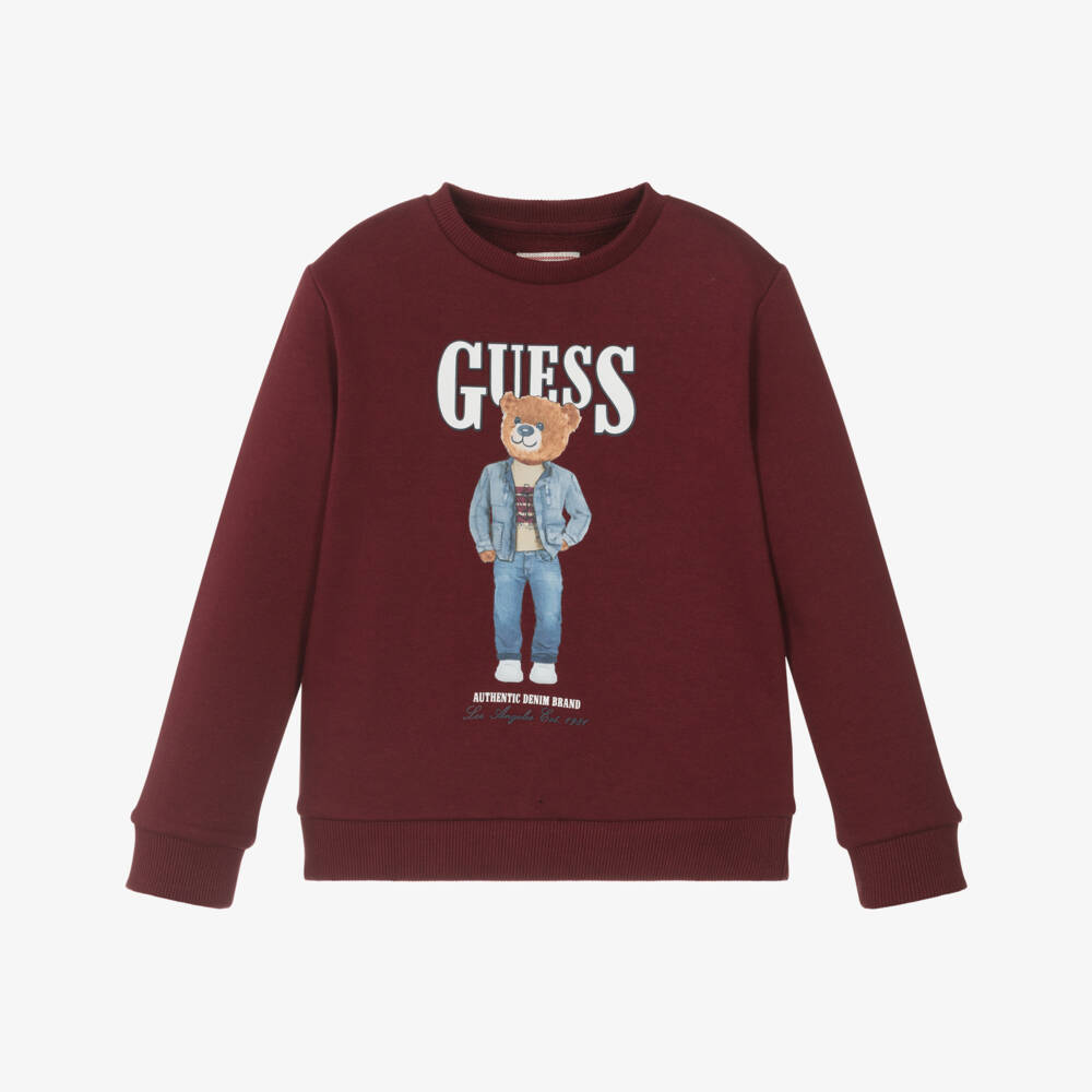 Guess-Boys Bear & Logo Print Burgundy Cotton T-Shirt | Childrensalon