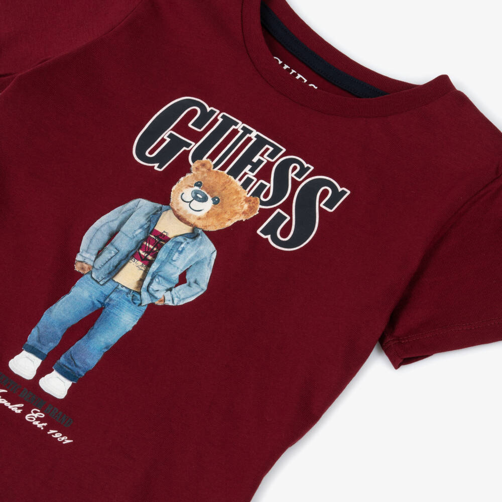 Guess-Boys Bear & Logo Print Burgundy Cotton T-Shirt | Childrensalon