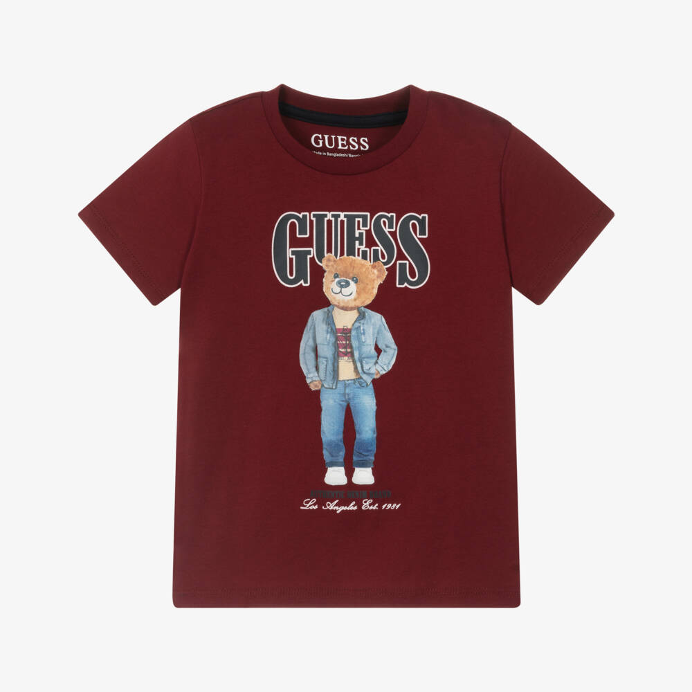 Guess-Boys Bear & Logo Print Burgundy Cotton T-Shirt | Childrensalon