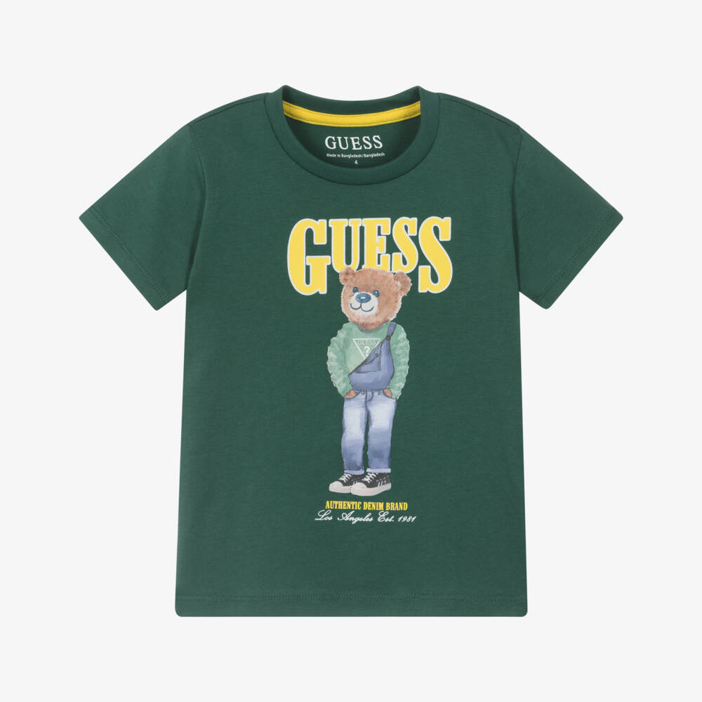 Guess-Boys Bear & Logo Print Green Cotton T-Shirt | Childrensalon