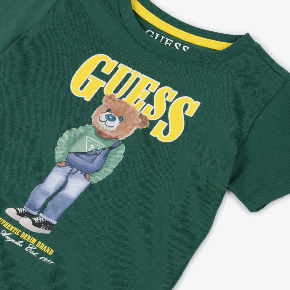 Guess-Boys Bear & Logo Print Green Cotton T-Shirt | Childrensalon