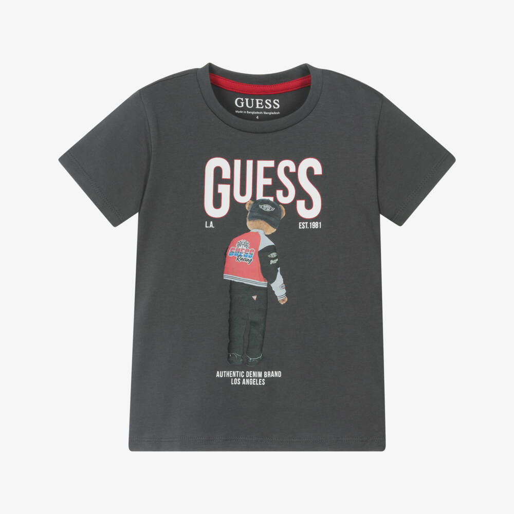 Guess-Boys Bear & Logo Print Grey Cotton T-Shirt | Childrensalon