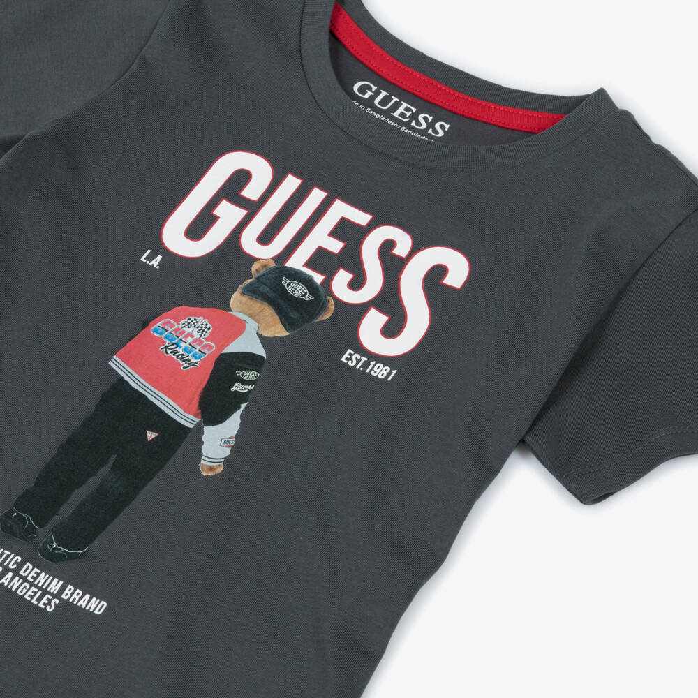 Guess-Boys Bear & Logo Print Grey Cotton T-Shirt | Childrensalon