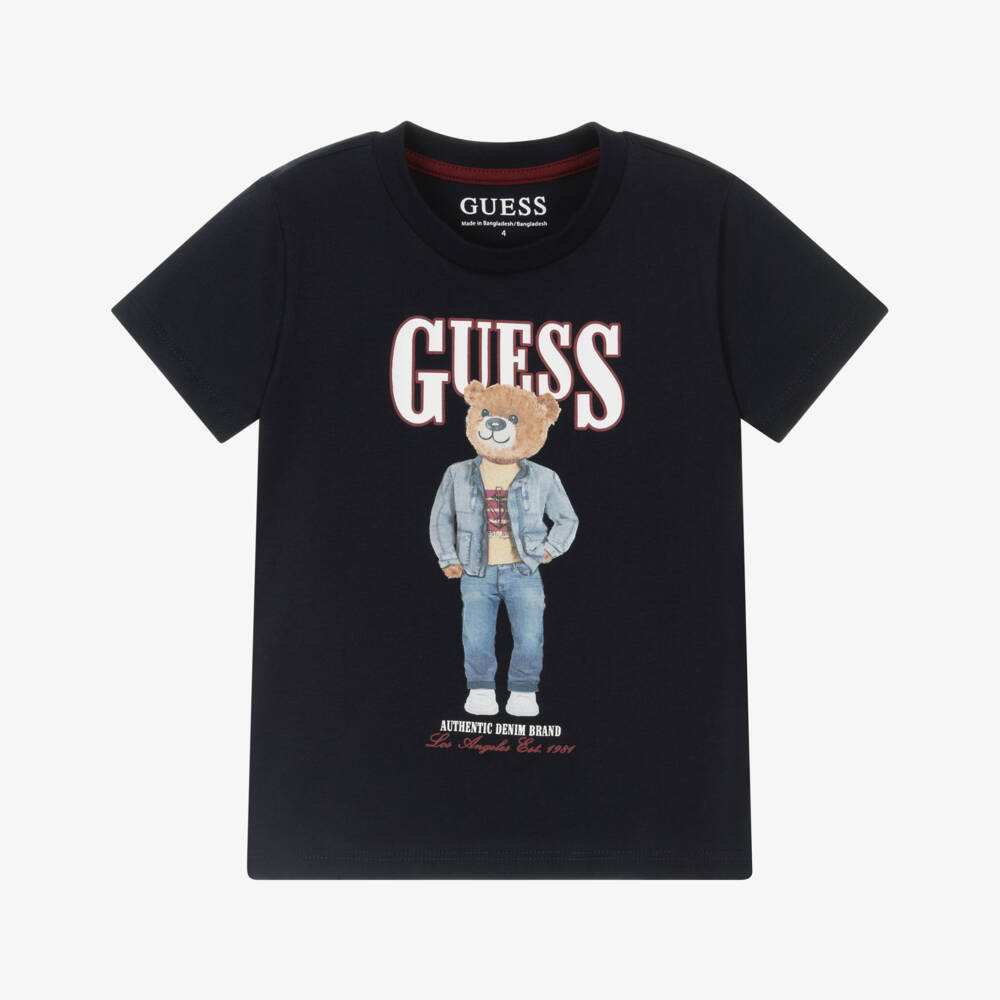 Guess-Boys Bear & Logo Print Navy Blue Cotton T-Shirt | Childrensalon