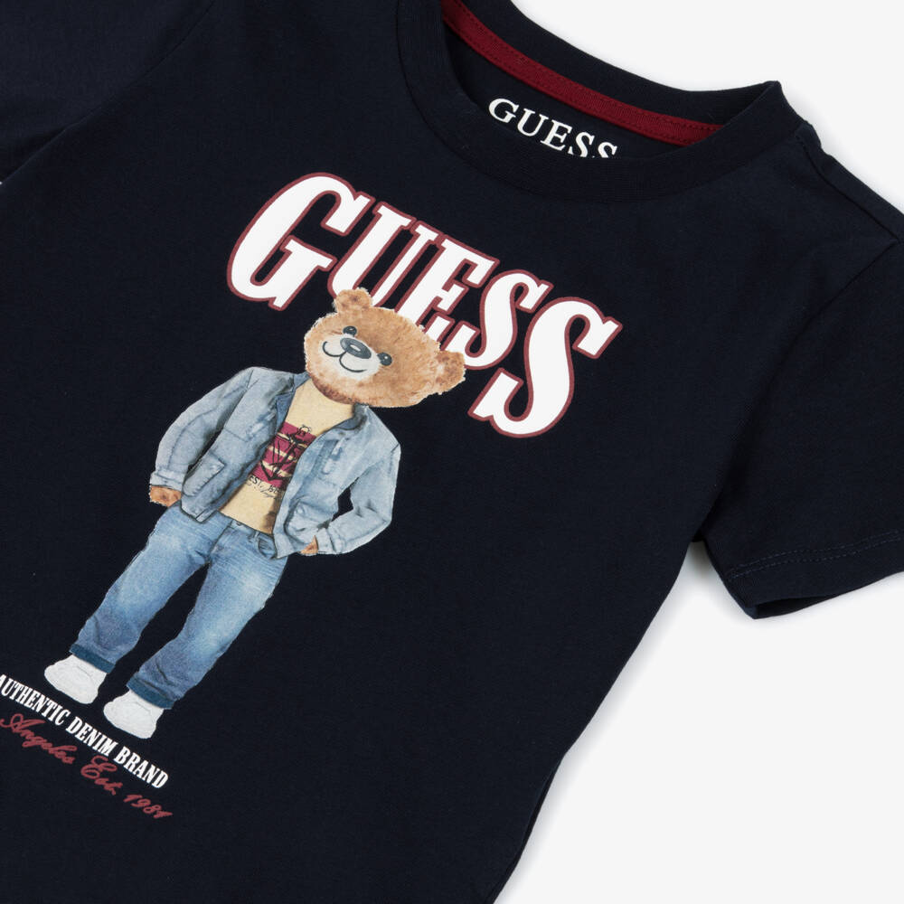 Guess-Boys Bear & Logo Print Navy Blue Cotton T-Shirt | Childrensalon