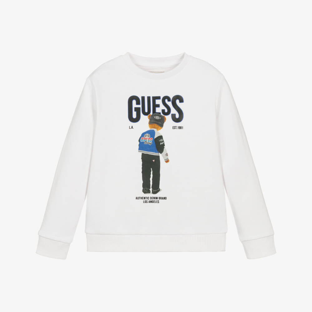 Guess-Boys Bear & Logo Print White Cotton T-Shirt | Childrensalon