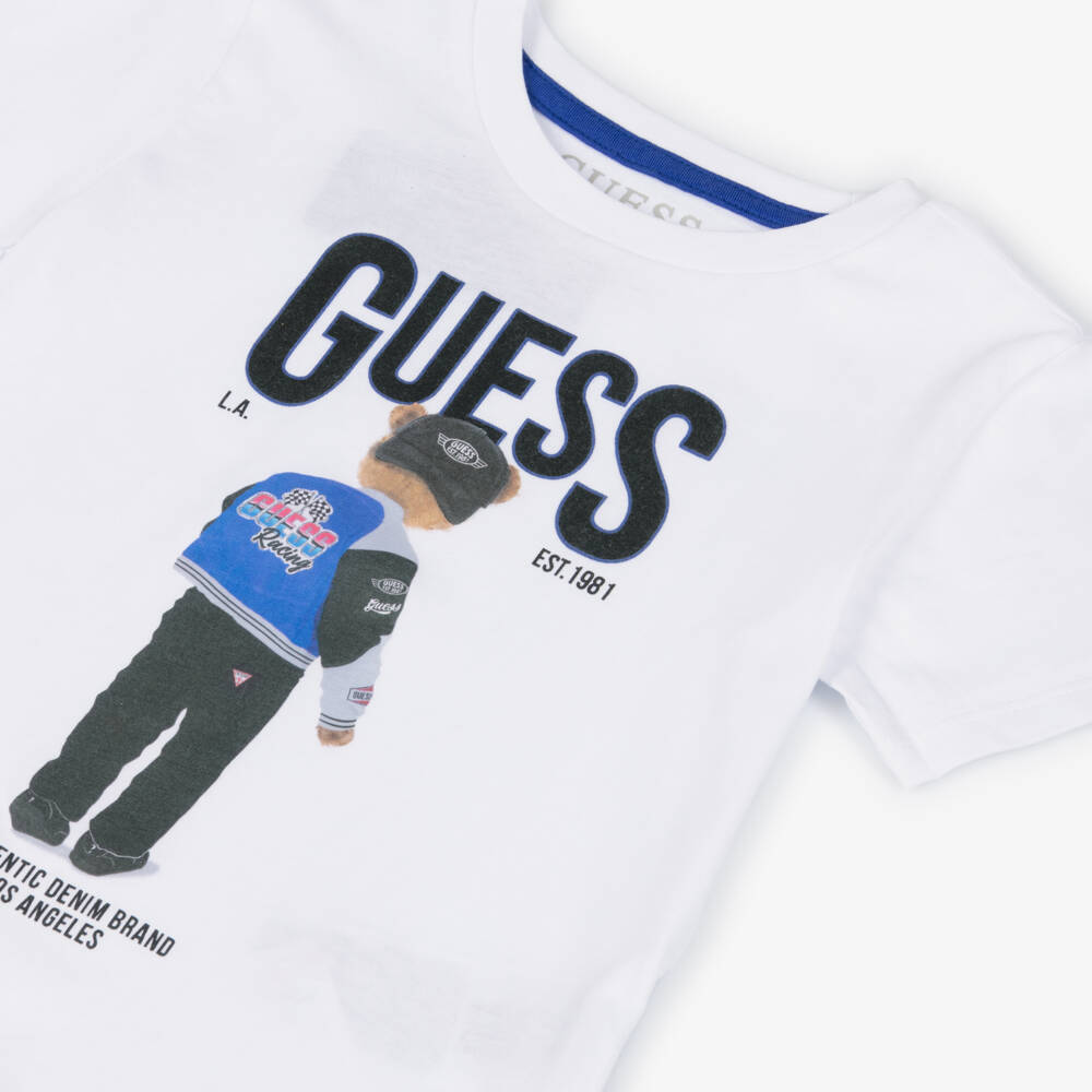 Guess-Boys Bear & Logo Print White Cotton T-Shirt | Childrensalon
