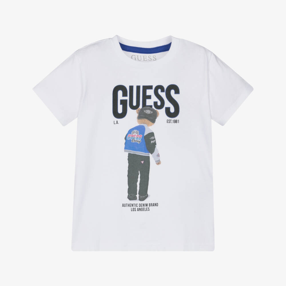 Guess-Boys Bear & Logo Print White Cotton T-Shirt | Childrensalon
