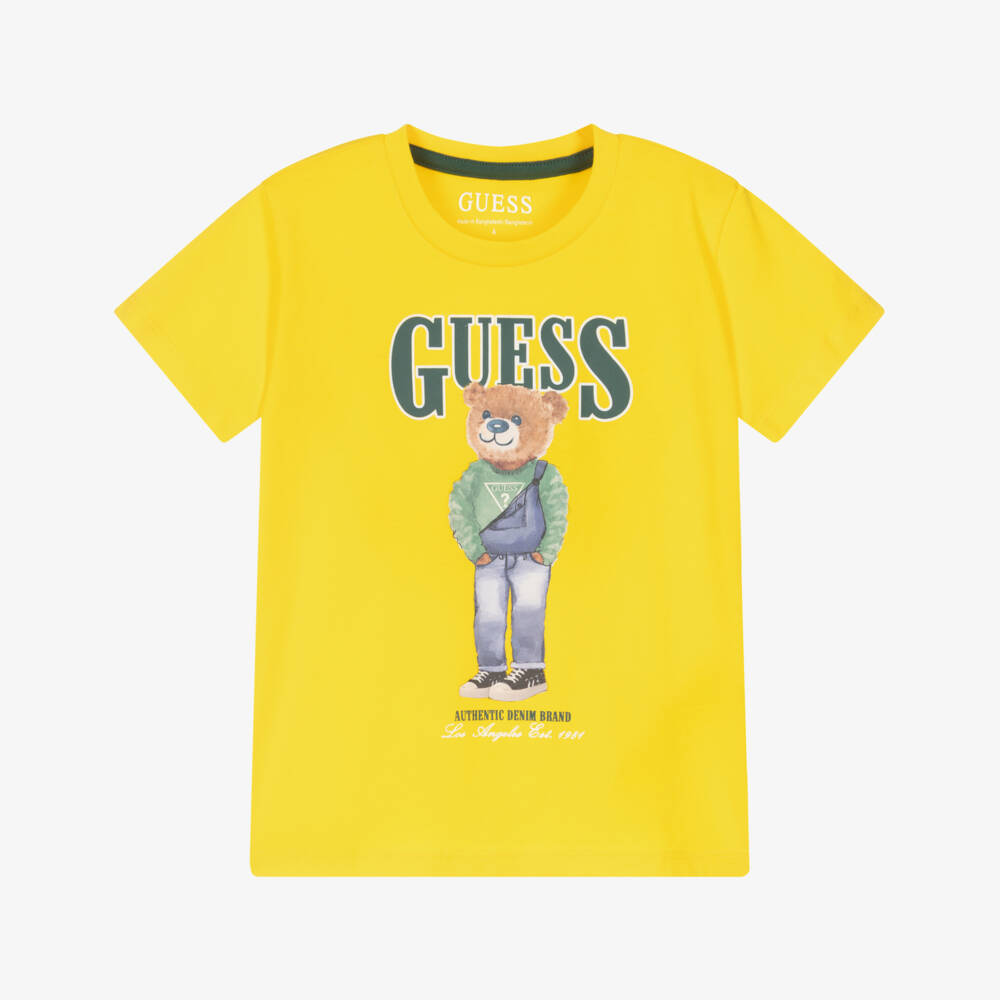 Guess-Boys Bear & Logo Print Yellow Cotton T-Shirt | Childrensalon