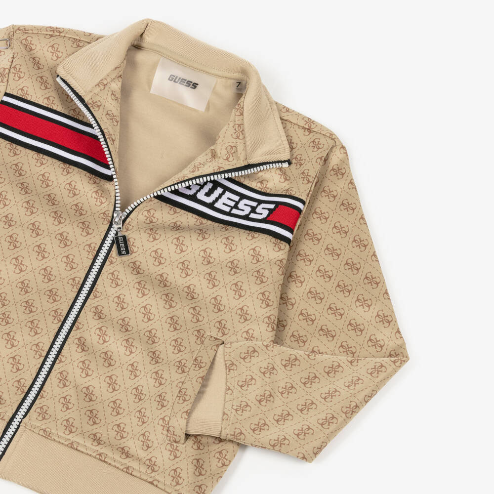 Guess-Boys Beige 4G Monogram Zip-Up Top | Childrensalon