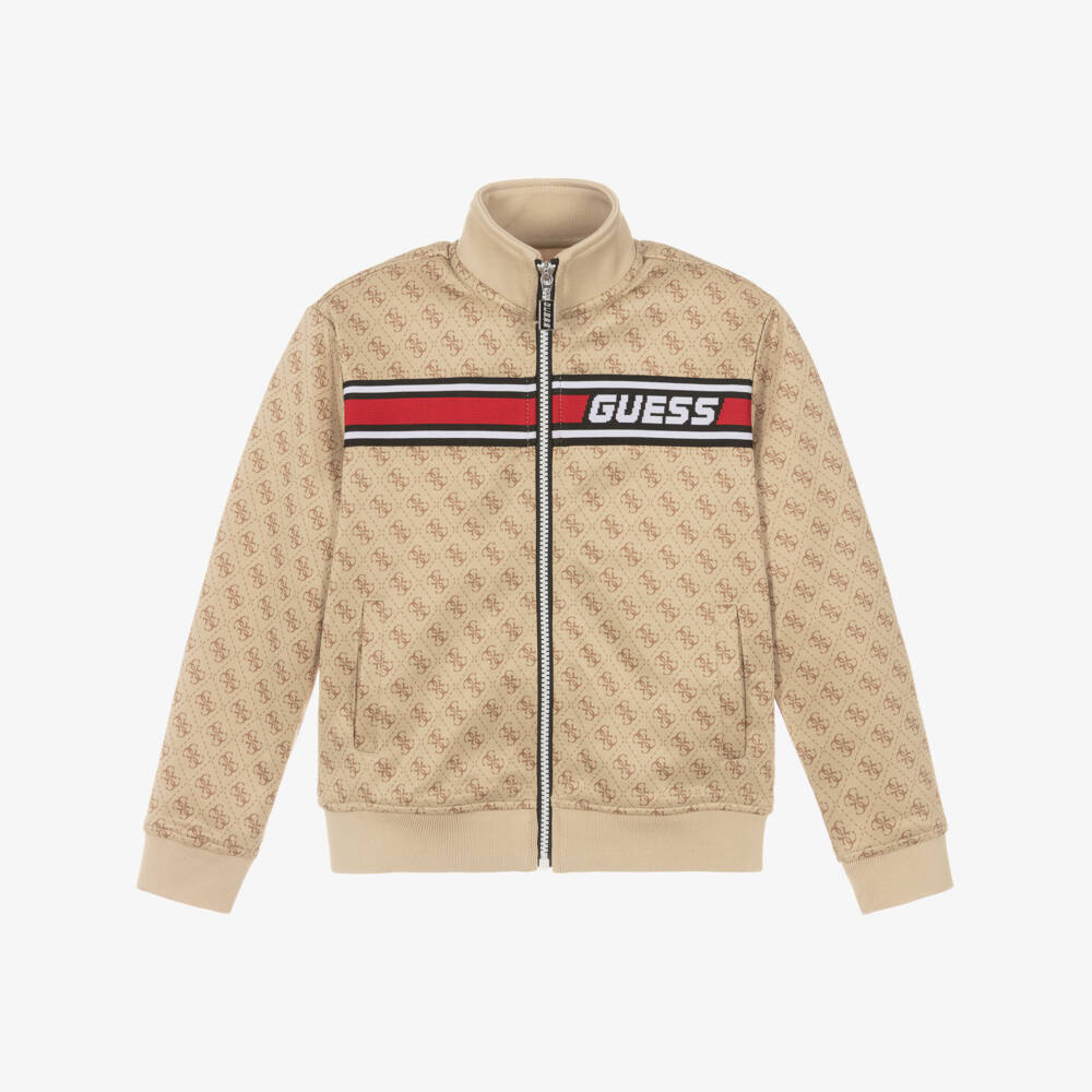 Guess-Boys Beige 4G Monogram Zip-Up Top | Childrensalon