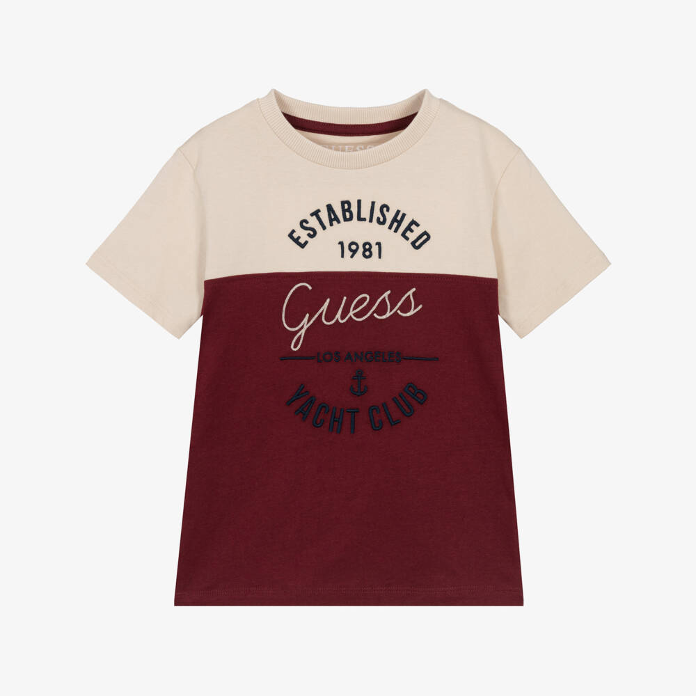 Guess-Boys Beige & Burgundy Cotton Colourblock Nautical T-Shirt | Childrensalon