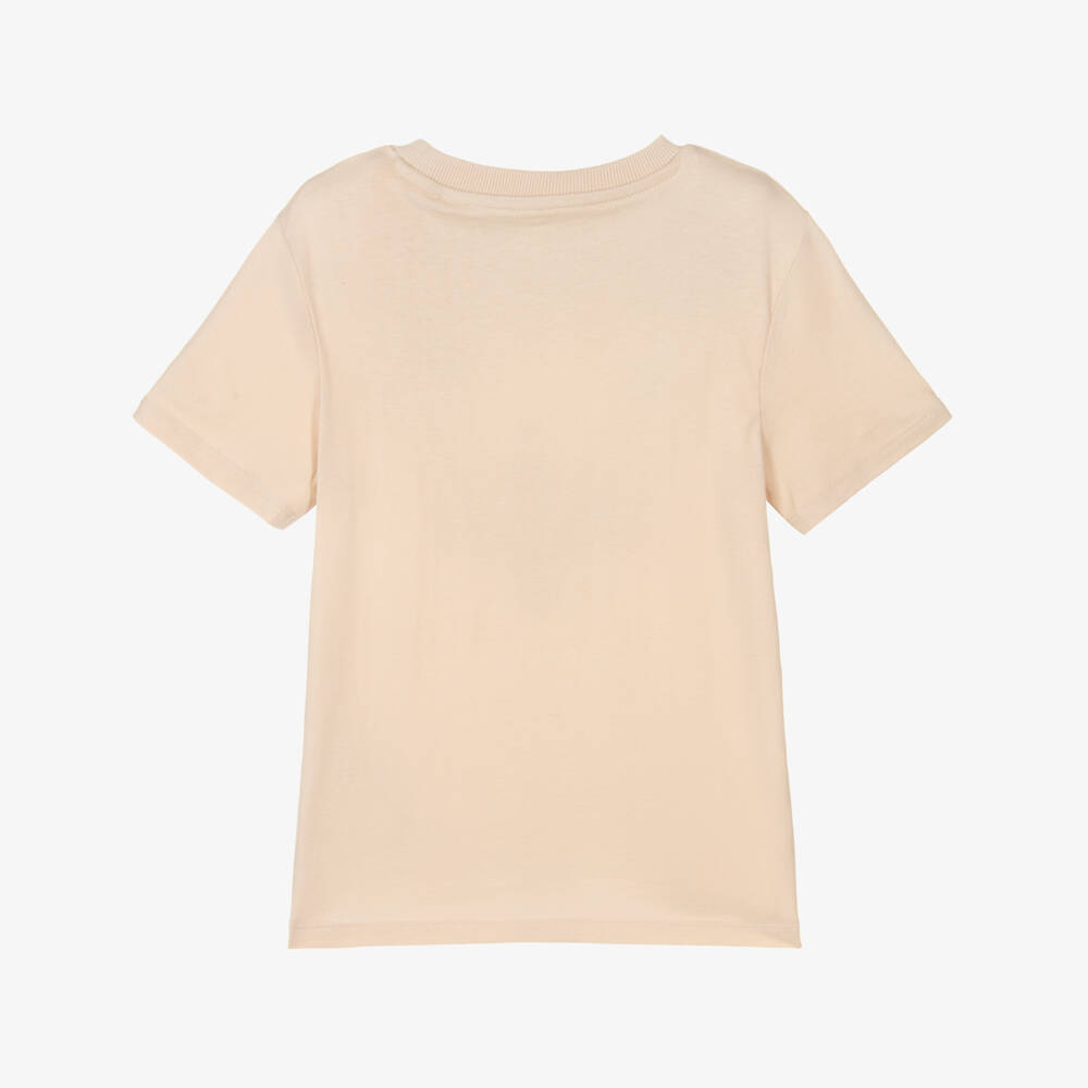 Guess-Boys Beige Cotton Crew Neck T-Shirt with Logo Patch | Childrensalon