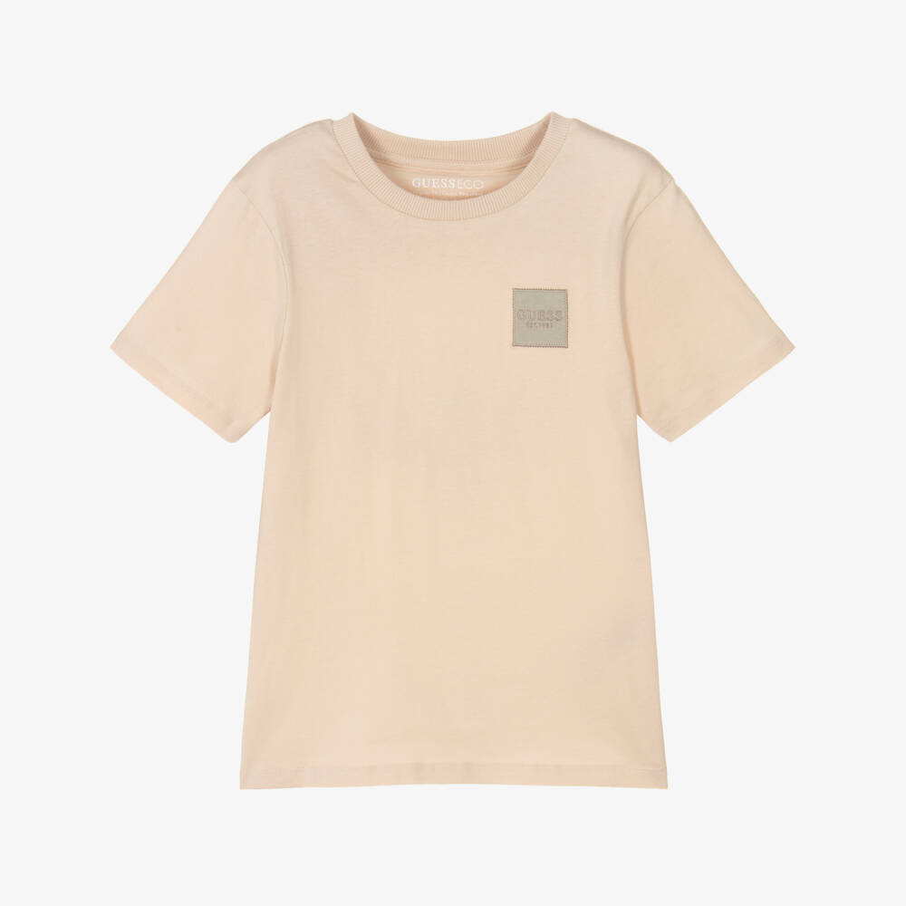 Guess-Boys Beige Cotton Crew Neck T-Shirt with Logo Patch | Childrensalon