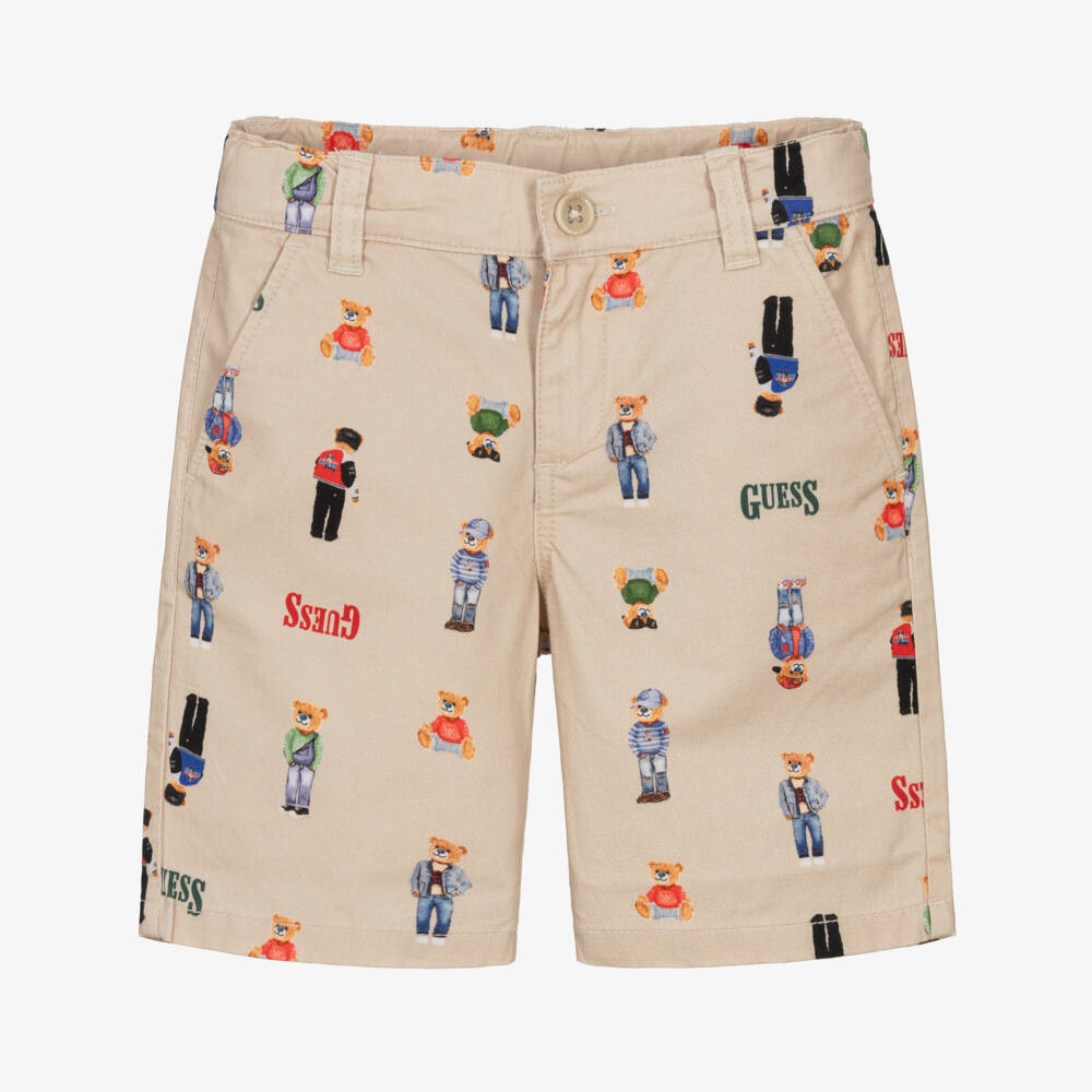 Guess-Boys Beige Cotton Shorts with Bears & Logos | Childrensalon