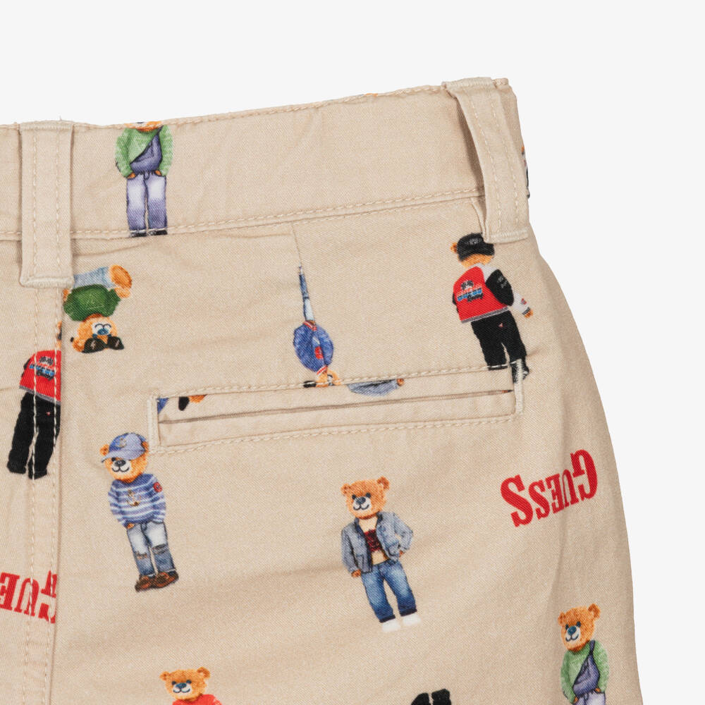 Guess-Boys Beige Cotton Shorts with Bears & Logos | Childrensalon