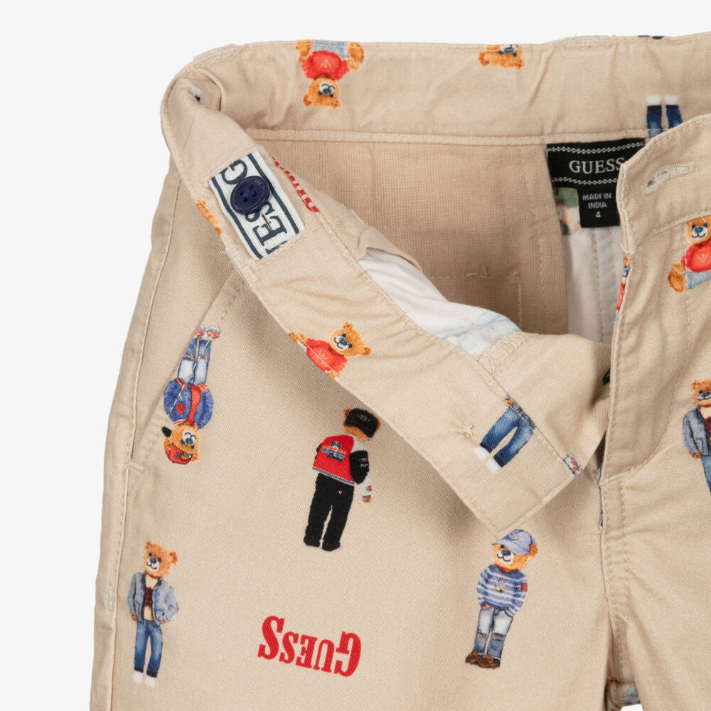 Guess-Boys Beige Cotton Shorts with Bears & Logos | Childrensalon