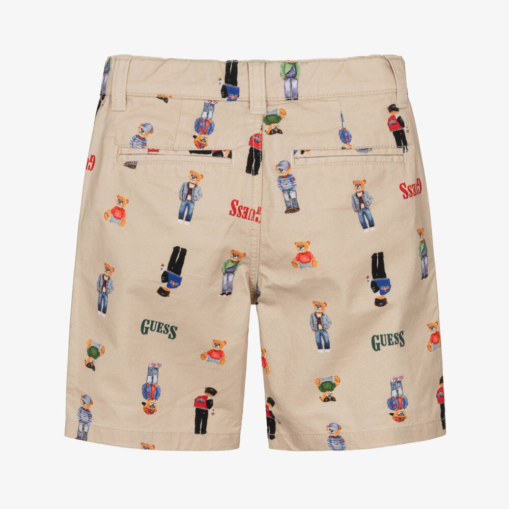 Guess-Boys Beige Cotton Shorts with Bears & Logos | Childrensalon