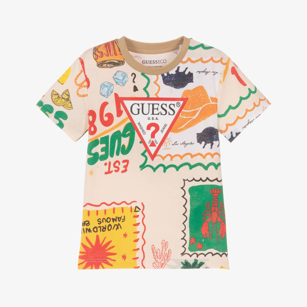 Guess-Футболка бежевая из хлопка с американским логотипом для мальчиков | Childrensalon