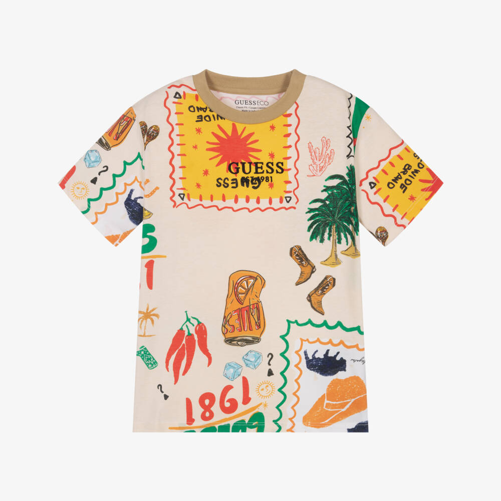 Guess-Boys Beige Cotton T-Shirt with Colourful Graphic Prints | Childrensalon