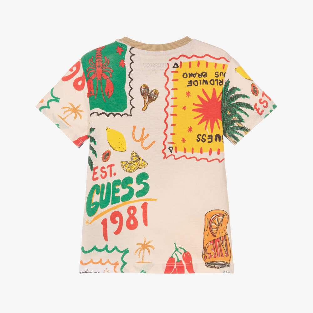 Guess-تيشيرت قطن بطبعة جرافيك لون بيج للأولاد | Childrensalon