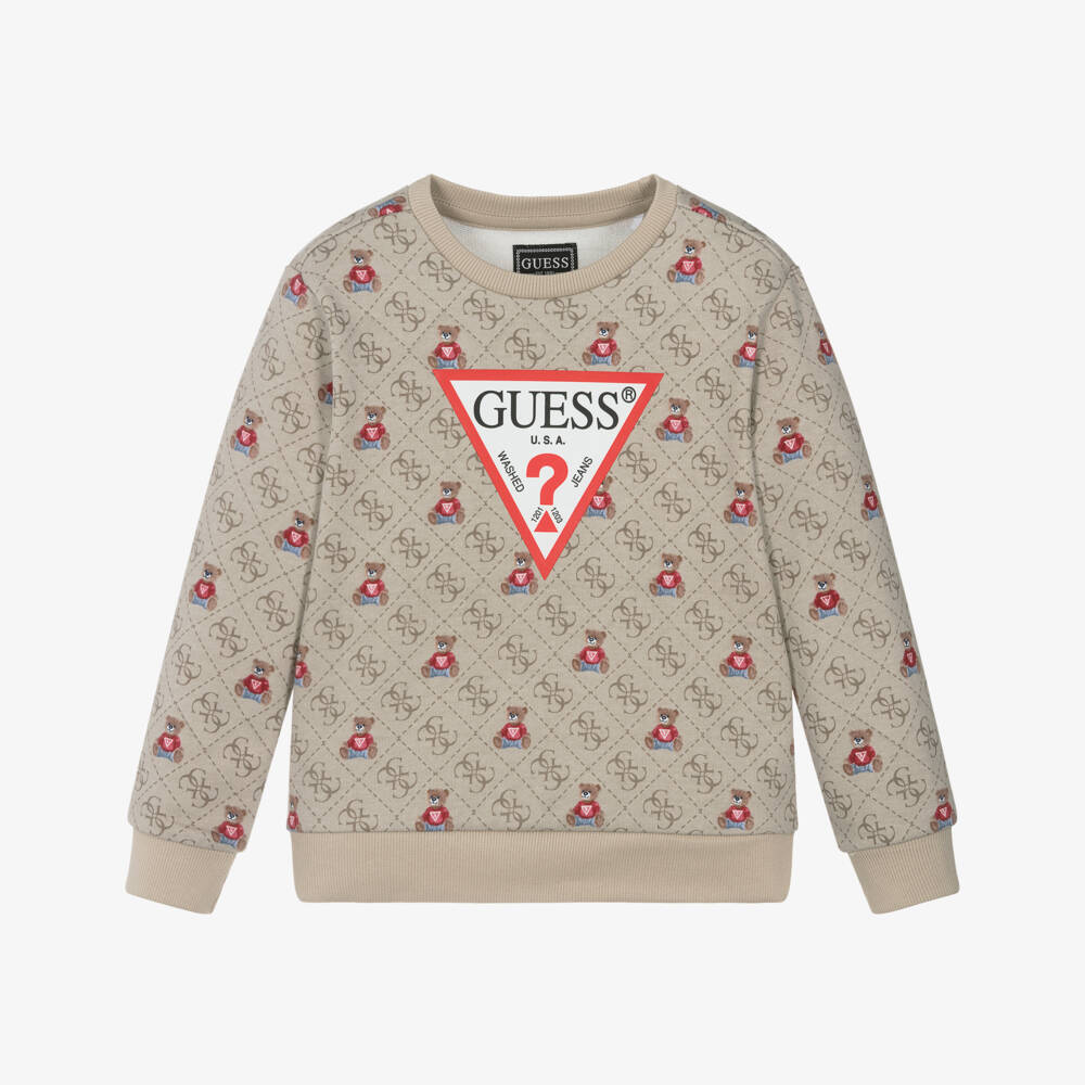 Guess-Boys Beige Cotton Teddy Sweatshirt with Triangle & 4G Logos | Childrensalon
