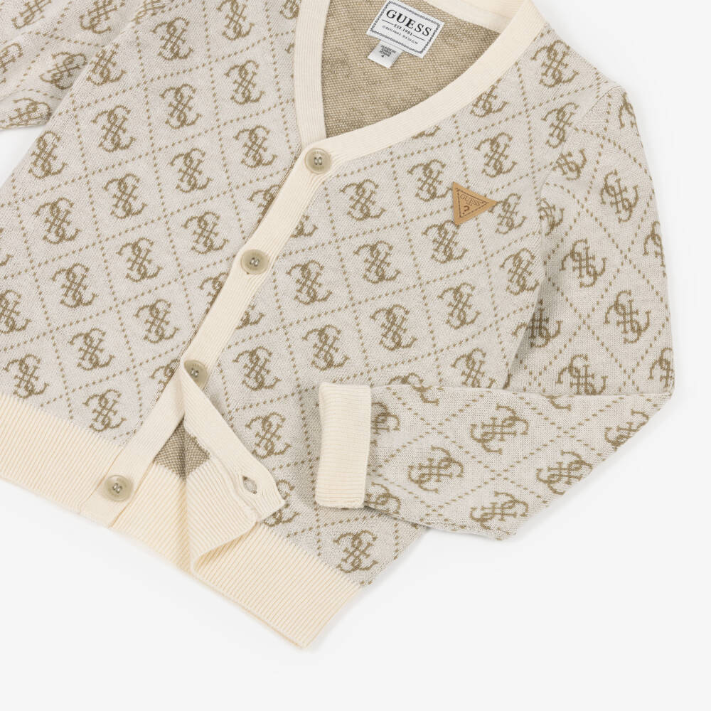 Guess-Boys Beige Knitted 4G Logo Cardigan | Childrensalon